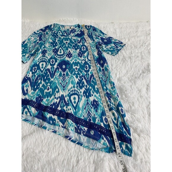 Chico's Pullover Top Blouse Blue Short Sleeves Asymmetric Embroidered hem Size 1 - Picture 4 of 12